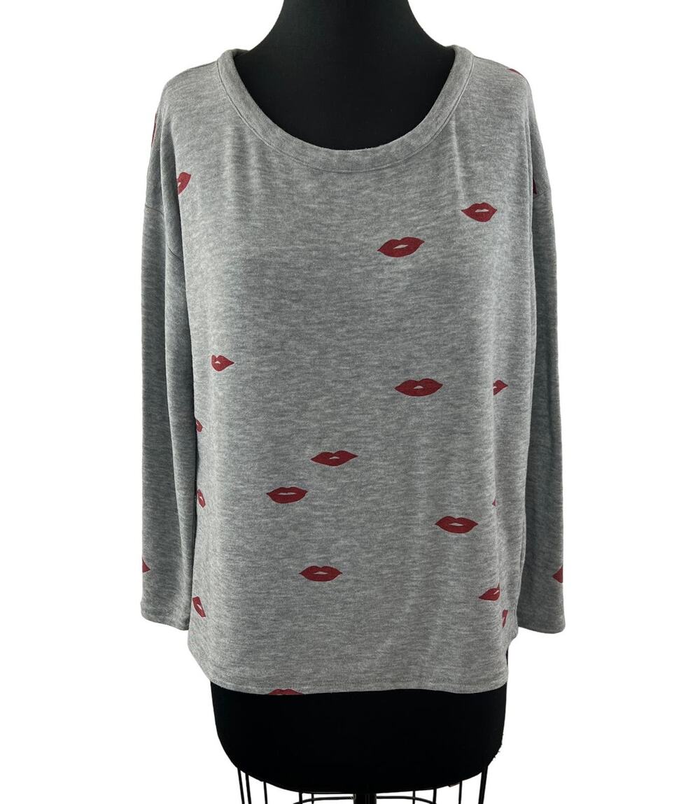 CHASER Gray Sweater Lips Printed Round Neck Long Sleeve Regular Pullover S Small